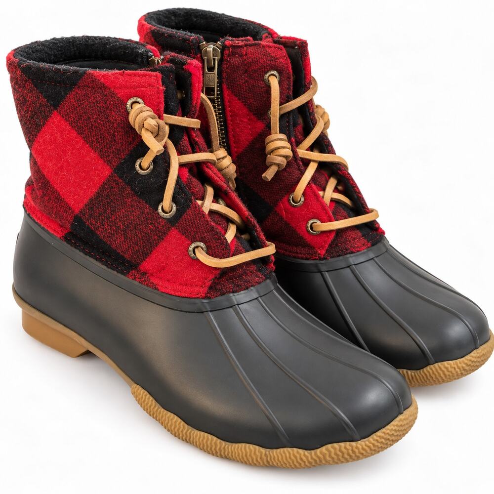 Sperry Saltwater Buffalo Plaid Wool Duck Boots Red Black Women's 10M